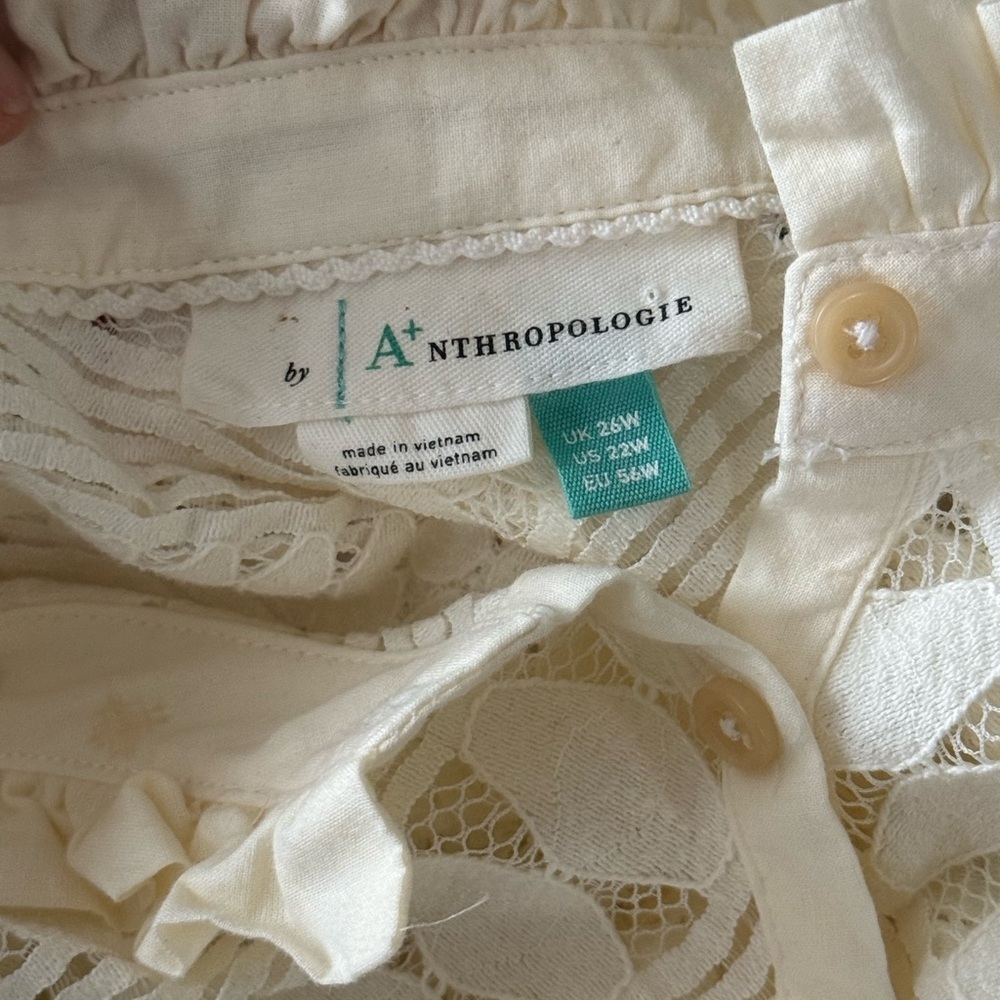 By Anthropologie Cream Lace Knit Ruffled Button Up Blouse Victorian Peasant 22W - Picture 5 of 9